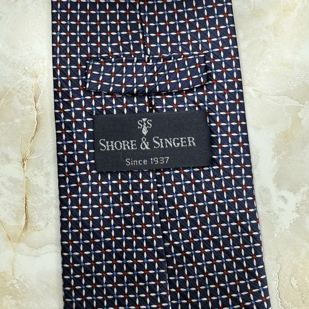 Shore & Singer Navy Geometric Square Navy Silk Tie‎ 3 5/8